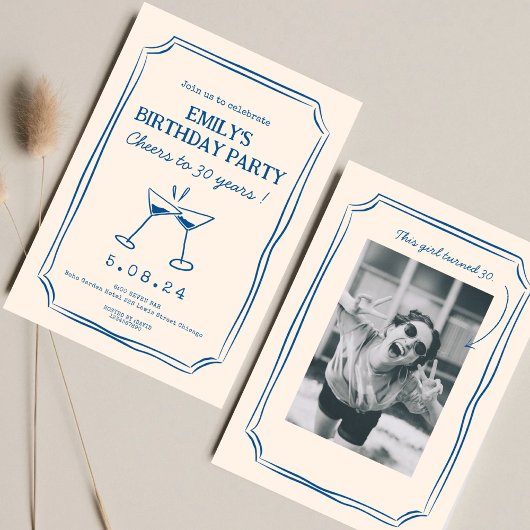 Invitation Blue Whimsical Funky Cheers Bières 30 e anniversai