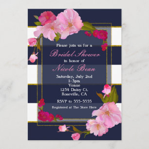 Invitation Blue White and Gold Modern Floral Chic Party