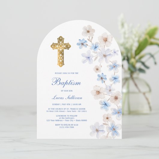 Invitation Blue White Anemones Arch Baptism (Debout devant)