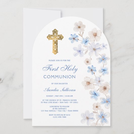 Invitation Blue White Anemones Arch First Communion (Devant)