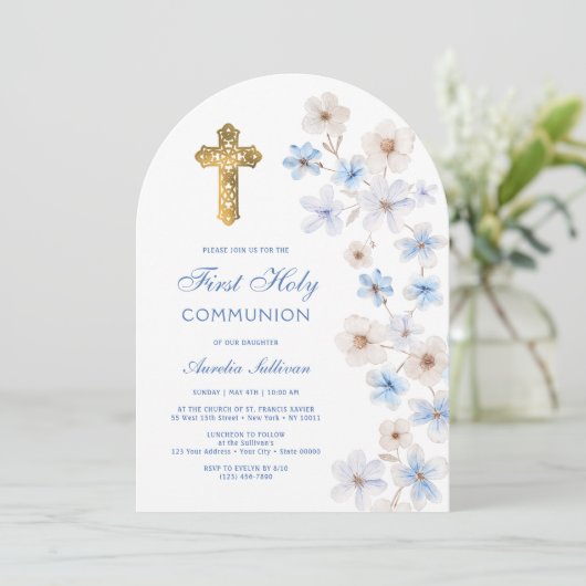 Invitation Blue White Anemones Arch First Communion (Debout devant)