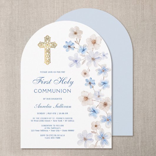 Invitation Blue White Anemones Arch First Communion