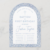 Invitation Blue White Arch Floral Boy Baptism First Birthday (Devant)