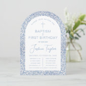 Invitation Blue White Arch Floral Boy Baptism First Birthday (Debout devant)