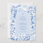 Invitation Blue White Birds Peony Chinoiserie Jardin Mariage (Devant)