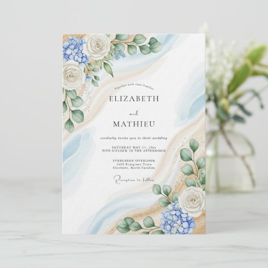 Invitation Blue & White Botanical Abstract Wedding (Debout devant)