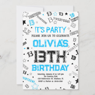 Invitation Blue White Boy Numéro Treize Anniversaire
