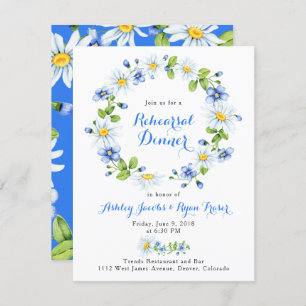 Invitation Blue White Country Daisy Floral Rehearer Dîner
