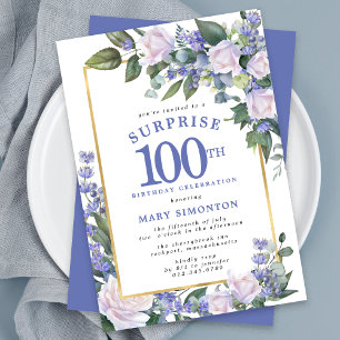 Invitation Blue White Floral 100e anniversaire Surprise Party