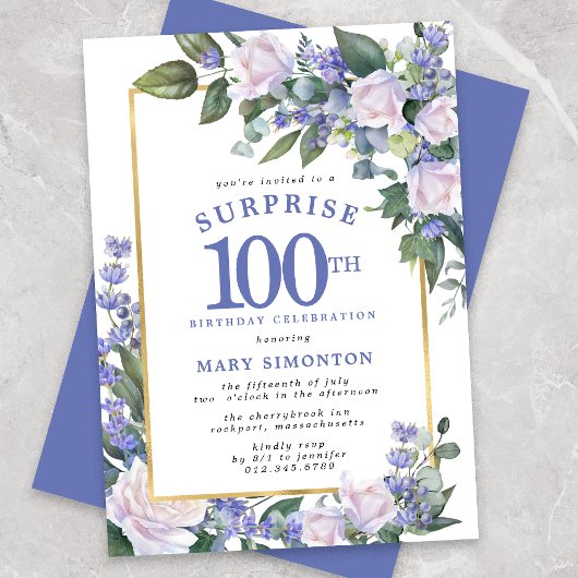 Invitation Blue White Floral 100e anniversaire Surprise Party