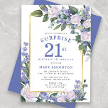 Invitation Blue White Floral 21e anniversaire Surprise Party<br><div class="desc">Faites honneur à une femme spéciale avec cette invitation élégante et féminine du 21e anniversaire de la Surprise Party. Surprise et 21e sont écrits en gros bleu. Célébration d'anniversaire suit. Le nom de l'invité honoré est également en lettres majuscules bleues. Les détails de la fête d'anniversaire sont entourés d'un cadre...</div>