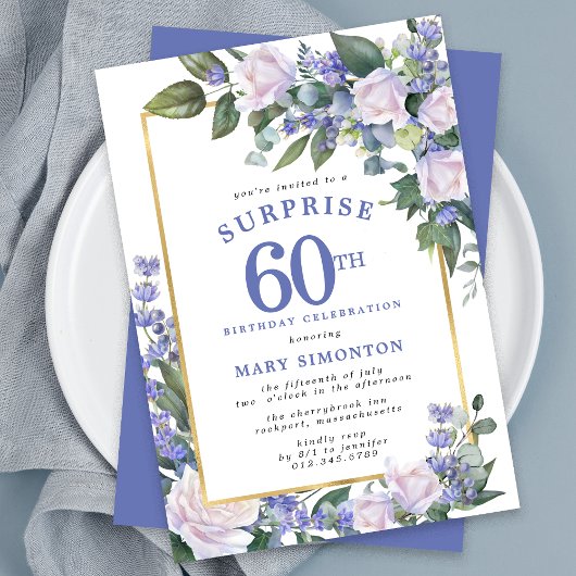 Invitation Blue White Floral 60e anniversaire Surprise Party