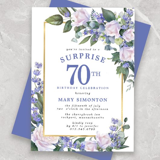 Invitation Blue White Floral 70e anniversaire Surprise Party