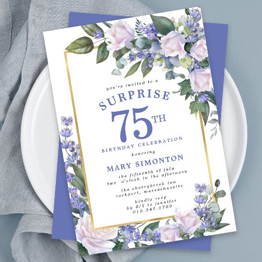 Invitation Blue White Floral 75e anniversaire Surprise Party
