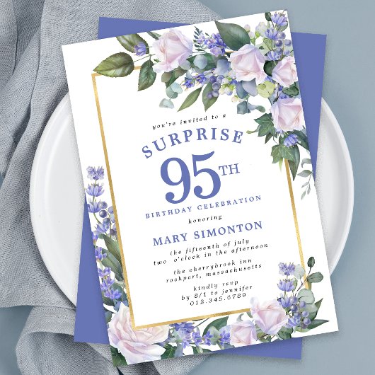 Invitation Blue White Floral 95e anniversaire Surprise Party