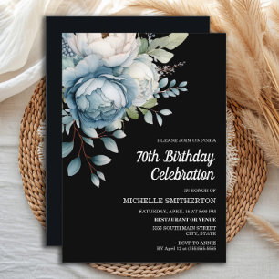 Invitation Blue White Floral Black Femmes 70e anniversaire
