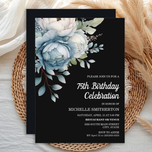 Invitation Blue White Floral Black Femmes 75e anniversaire