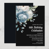 Invitation Blue White Floral Black Women's 50th Birthday (Devant / Derrière)