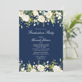 Invitation Blue White Floral Photo Party Graduation (Debout devant)