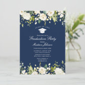 Invitation Blue White Floral Photo Party Graduation (Debout devant)