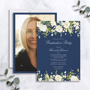 Invitation Blue White Floral Photo Party Graduation