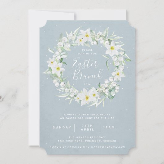 Invitation Blue + White Floral Wreath Brunch de Pâques (Devant)