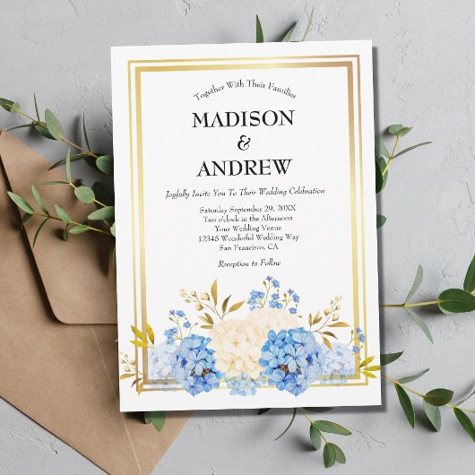 Invitation Blue White Flowers Gold Frame Mariage élégant