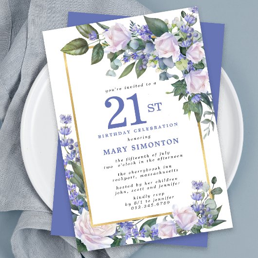 Invitation Blue White Gold Floral 21e anniversaire