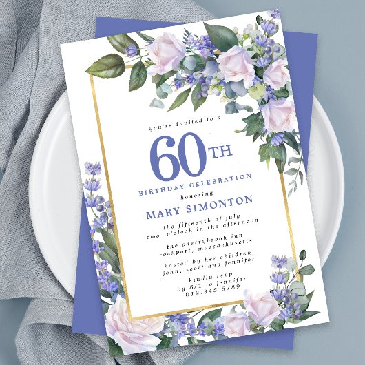 Invitation Blue White Gold Floral 60e anniversaire