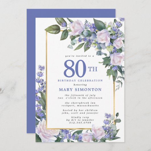 Invitation Blue White Gold Floral 80e anniversaire (Devant / Derrière)