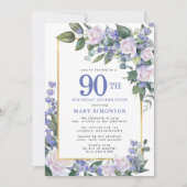 Invitation Blue White Gold Floral 90e anniversaire (Devant)