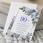 Invitation Blue White Gold Floral 90e anniversaire
