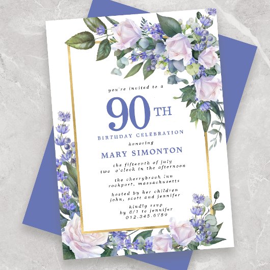 Invitation Blue White Gold Floral 90e anniversaire