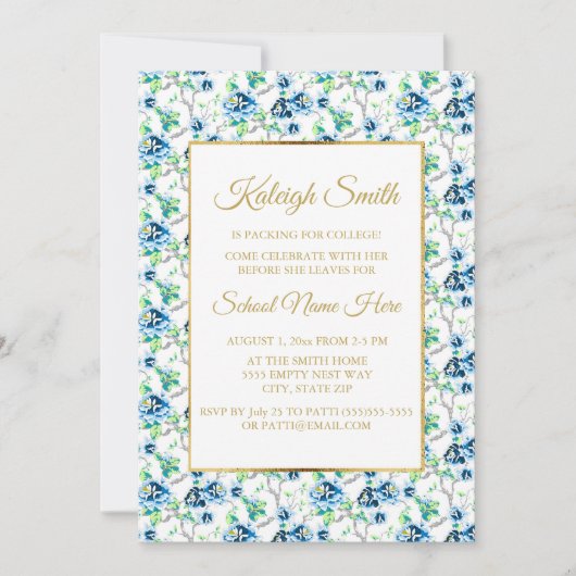 Invitation Blue White Gold Floral Trunk Party (Devant)