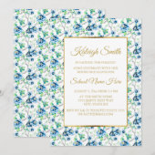 Invitation Blue White Gold Floral Trunk Party (Devant / Derrière)