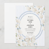 Invitation Blue White Hydrangea Stripe Vintage Wedding (Devant / Derrière)