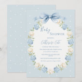Invitation Blue White Hydrangeas Ribbon Vintage Baby Shower (Devant / Derrière)