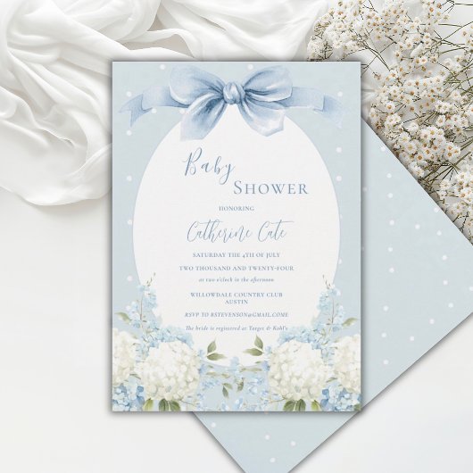 Invitation Blue White Hydrangeas Ribbon Vintage Baby Shower