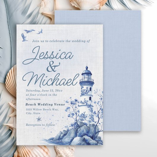 Invitation Blue White Lighthouse Coastal Beach Wedding