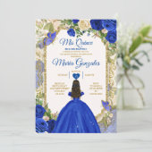 Invitation Blue & White Mis Quince 15 Anos Gold Crown (Debout devant)