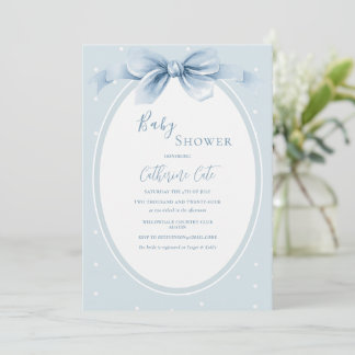 Invitation Blue White Polkadots Ribbon Baby Shower
