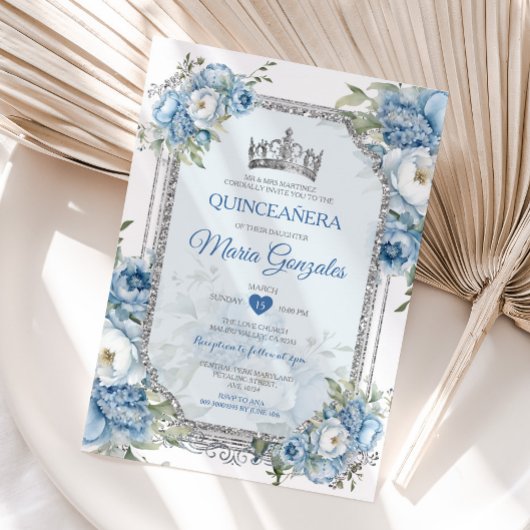 Invitation Blue & White Quinceañera Argent Crown 15 Anos