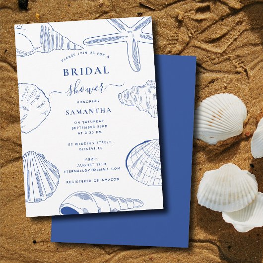 Invitation Blue White Sea Shells Beach Fête des mariées d'été