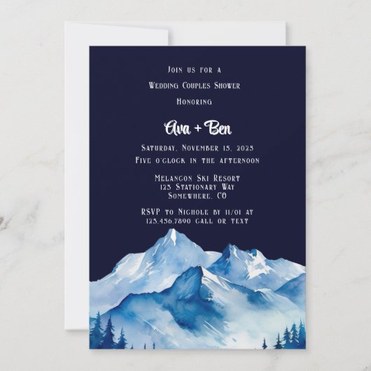 Invitation Blue White Snowy Mountains Mariage Couples Douche (Devant)
