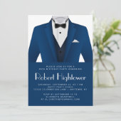Invitation Blue White Tuxedo Mens Birthday Party (Debout devant)