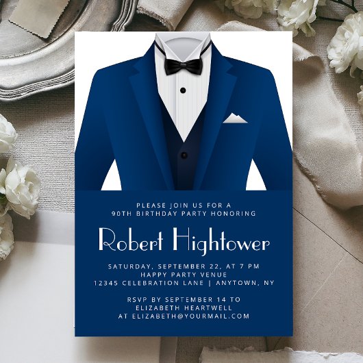 Invitation Blue White Tuxedo Mens Birthday Party