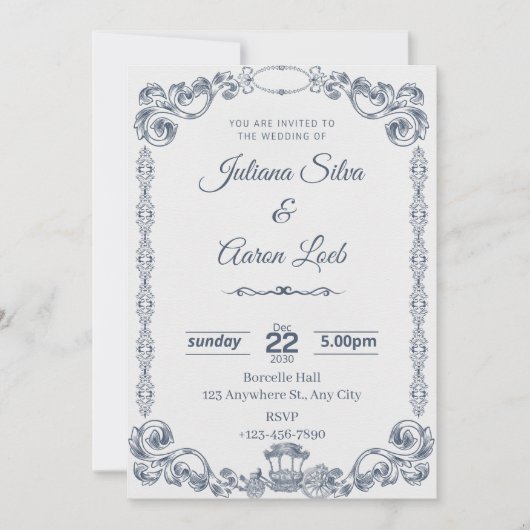 Invitation Blue White Vintage Classic Elegant Wedding Invitat (Devant)