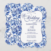 Invitation Blue & White w Calligraphie Floral Toile Mariage (Devant / Derrière)