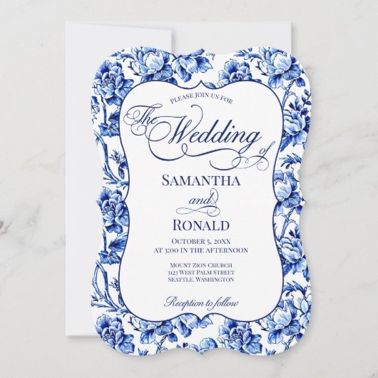 Invitation Blue & White w Calligraphie Floral Toile Mariage (Devant)