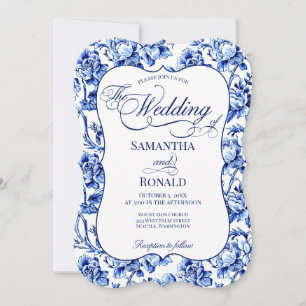 Invitation Blue & White w Calligraphie Floral Toile Mariage